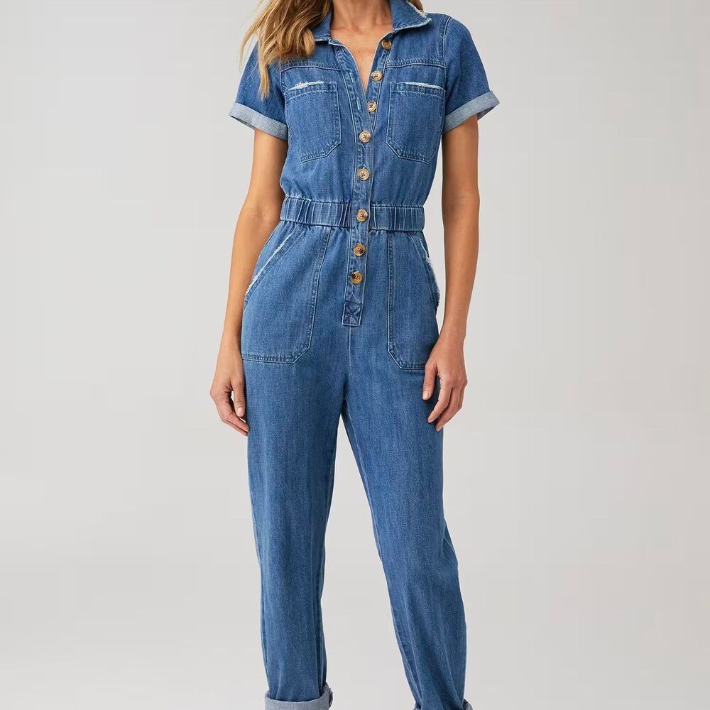 Show Me Your Mumu Cannon Jumpsuit XS Denim Short Sleeve Button Front Elastic